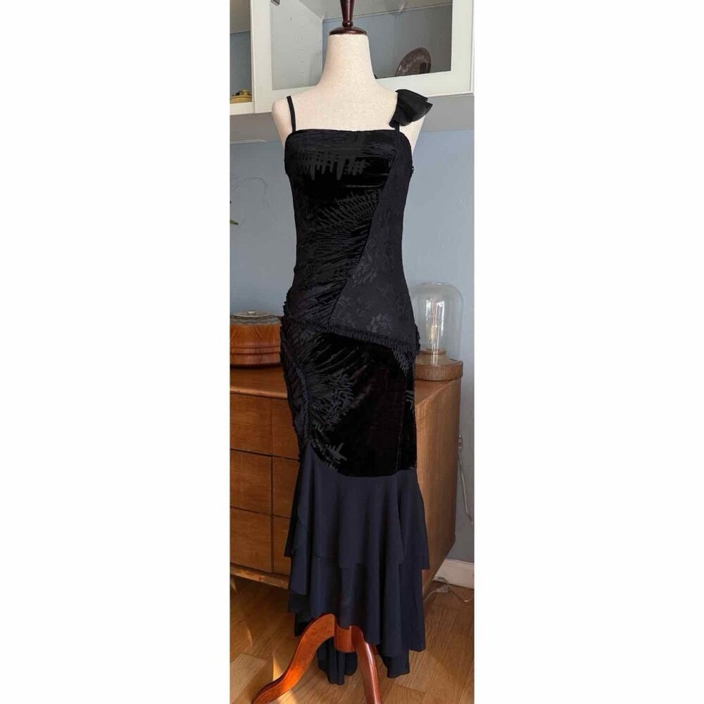 Vintage Y2K Cascadei Black Velvet & Chiffon Evening Dress Asymmetric Whimsy - Picture 8 of 10